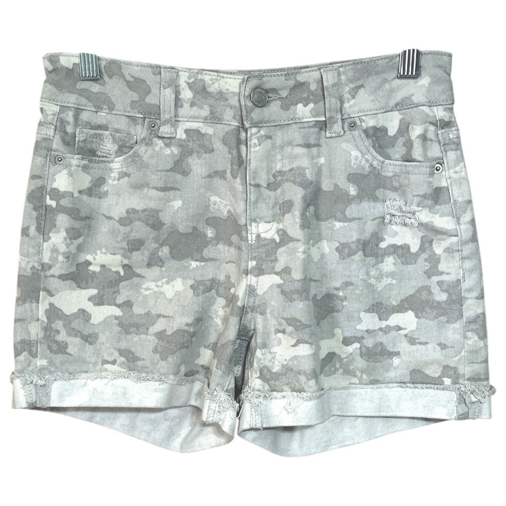 Time & Tru Mid-Rise Light Grey Distressed Camo Shorts w/ Frayed Cuff, Size 2